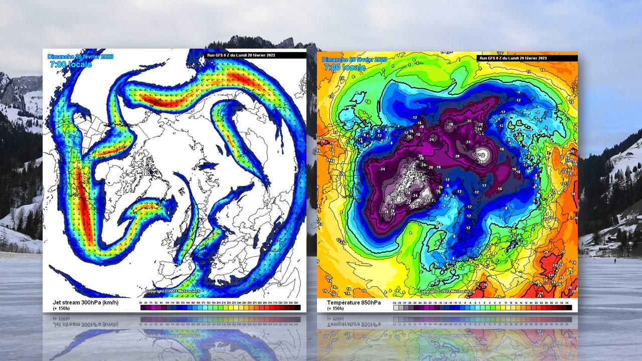 Position du jet-stream et températures à 850 hPa (1500m) prévus par le modèle GFS le 26 février 2023 [NOAA/GFS - Denise Amacher]