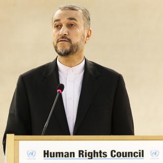 Allocution de Hossein Amir-Abdollahian, ministre iranien des affaires étrangères, à l'occasion de l'ouverture de la 52ème session du Conseil des droits de l'homme à Genève le 27 février 2023. [Keystone - Salvatore Di Nolfi]
