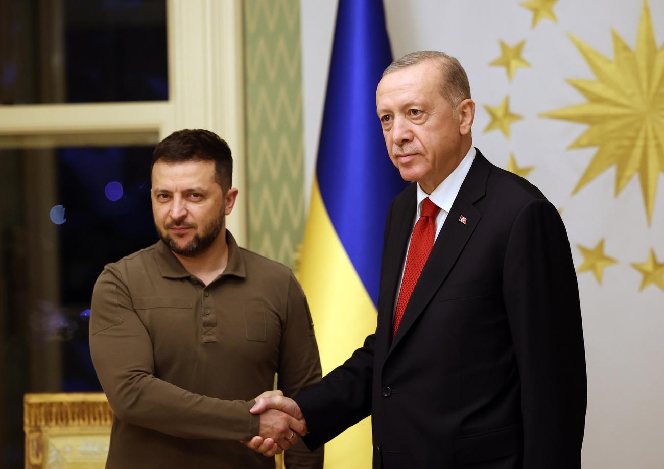 Volodymyr Zelensky et Recep Tayyip Erdogan se sont rencontrés le 7 juillet au soir à Istanbul. [KEYSTONE - EPA/MURAT CETIN MUHURDAR]