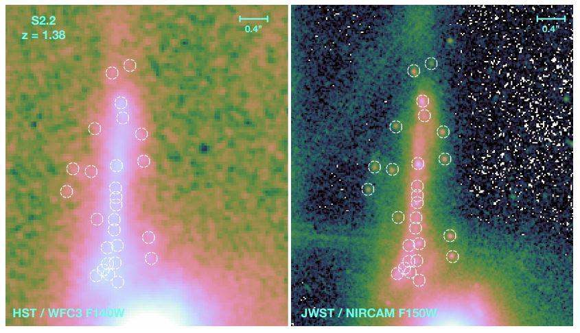 Comparaison d'un endroit où se trouvent des amas globulaires anciens (les petits ronds roses). A gauche, Hubble ne les voit pas; à droite, ils sont visibles grâce au JWST.