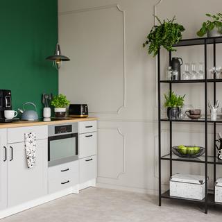 Elégant intérieur de cuisine gris et vert avec jungle urbaine. [Depositphotos - ©Photographee.eu]