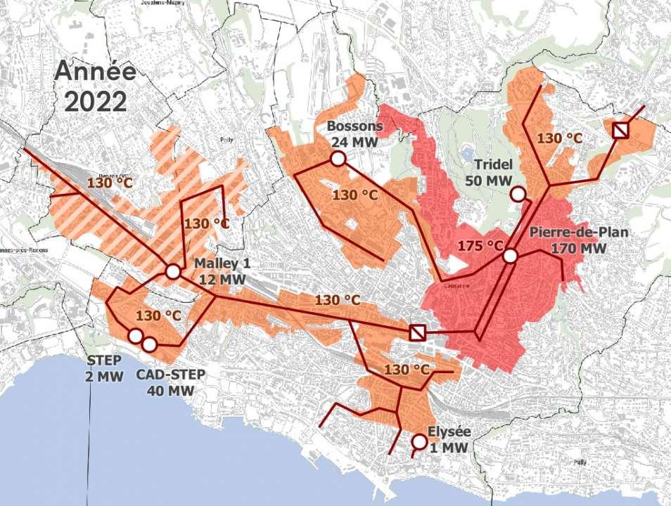 Le réseau de chauffage à distance de la Ville de Lausanne en 2022. [VILLE DE LAUSANNE - SIL]