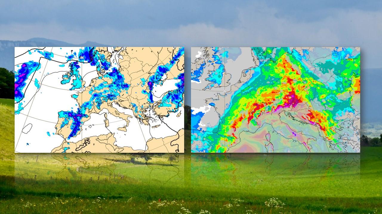 Précipitations, pressions au sol (à gauche) et potentiel d'instabilité (à droite), prévues par le modèle européen pour le mercredi 21 juin à 15hUTC [ECMWF/RTS - Olivier Roux]