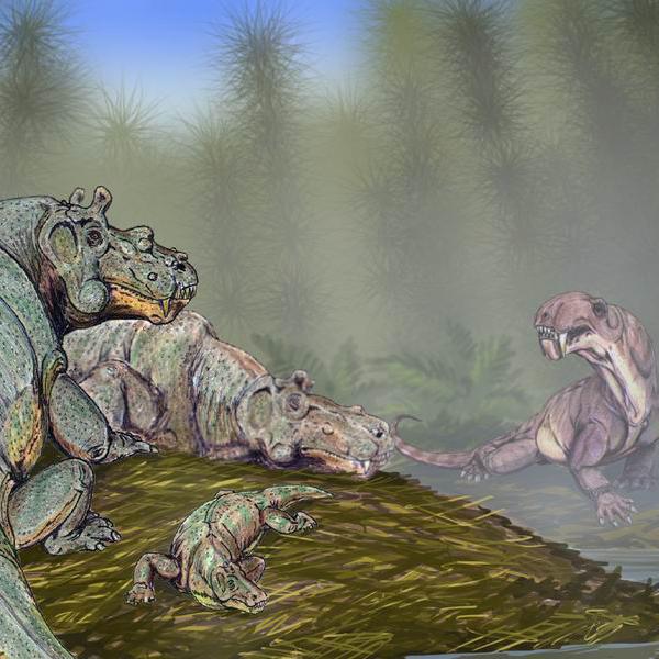 Reconstitution par D. Bogdanov d'un groupe d'Estemmenosuchus uralensis en compagnie d'un Eotitanosuchus. [CC BY-SA 3.0 - Bogdanov]