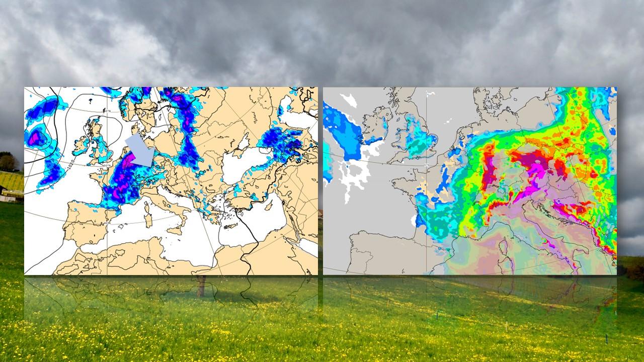 Précipitations, pressions au sol (à gauche) et potentiel d'instabilité (à droite), prévues par le modèle européen pour le jeudi 22 juin à 15hUTC [ECMWF/RTS - Olivier Roux]