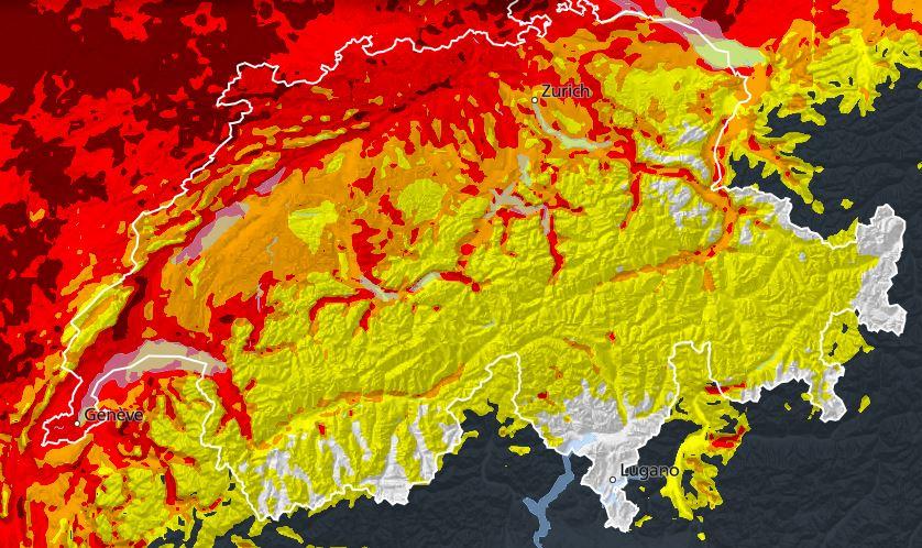 La floraison des graminées actuellement (rouge=forte, jaune=faible). [MétéoSuisse]