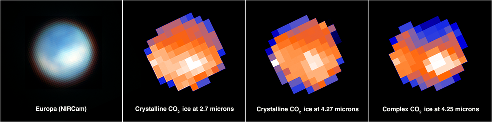 L'image de gauche est une carte de la surface d'Europe vue avec l'instrument NIRCam du télescope spatial James Webb. Les trois autres sont prises avec le NIRSpec/IFU: les pixels blancs correspondent au dioxyde de carbone dans la grande région de chaos perturbée connue sous le nom de Tara Regio (au centre et à droite), avec des concentrations supplémentaires dans certaines parties de la région de chaos Powys Regio (à gauche). Les 2e et 3e images montrent des traces de dioxyde de carbone cristallin; la 4e indique une forme complexe et amorphe de dioxyde de carbone. [NASA, ESA, CSA - Science: G. Villanueva (NASA/GSFC), S. Trumbo (Cornell Univ.)/ Image Processing: G. Villanueva (NASA/GSFC), A. Pagan (STScI)]