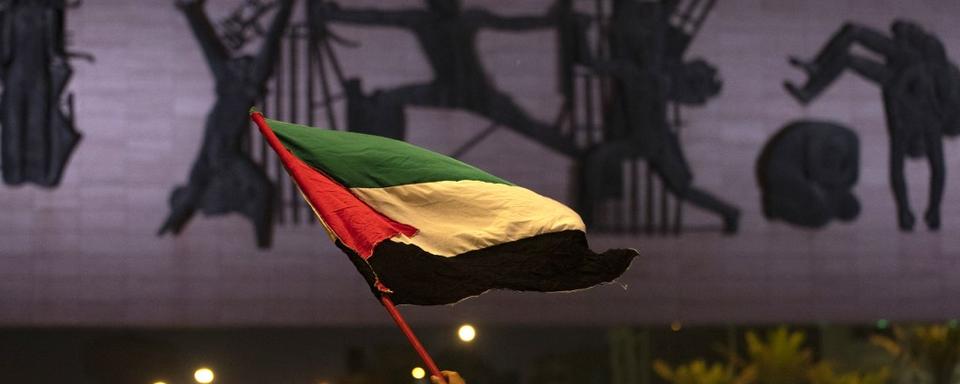 Des partisans du religieux chiite Muqtada al-Sadr brandissent le drapeau palestinien lors d'une manifestation de soutien aux Palestiniens sur la place Tahrir, à Bagdad. [AFP]