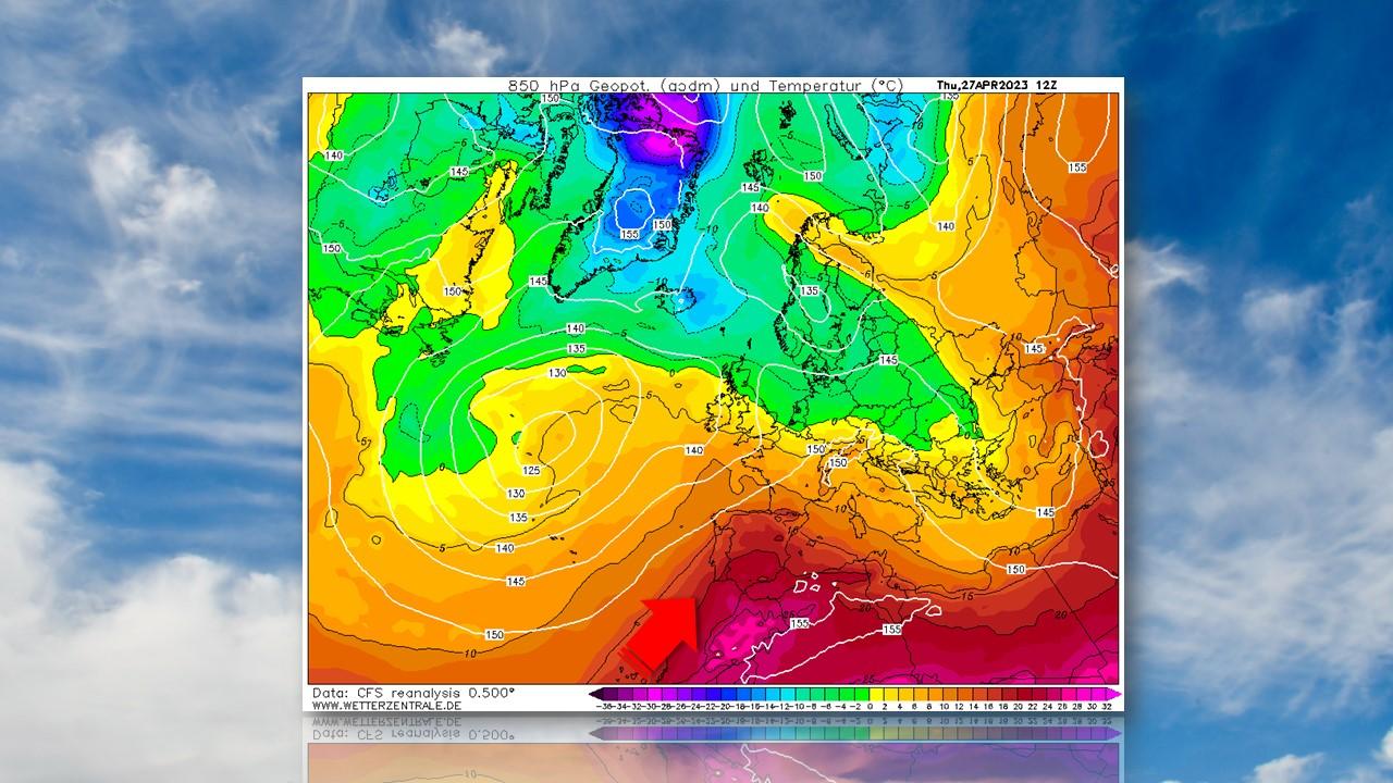 Températures à 850 hPa (1500m) et pressions au sol le 27 avril 2023 [NCEP/Wetterzentrale.de - Olivier Roux]