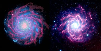 Un exemple de simulation par ordinateur (2011): à gauche, une image simulée de la galaxie M74, avec le gaz en rouge et les étoiles en bleu. À droite, une vraie image en fausses couleurs de la galaxie M74. Les bras en spirale du gaz sont évidents dans les deux images. [NASA - University of Zurich]