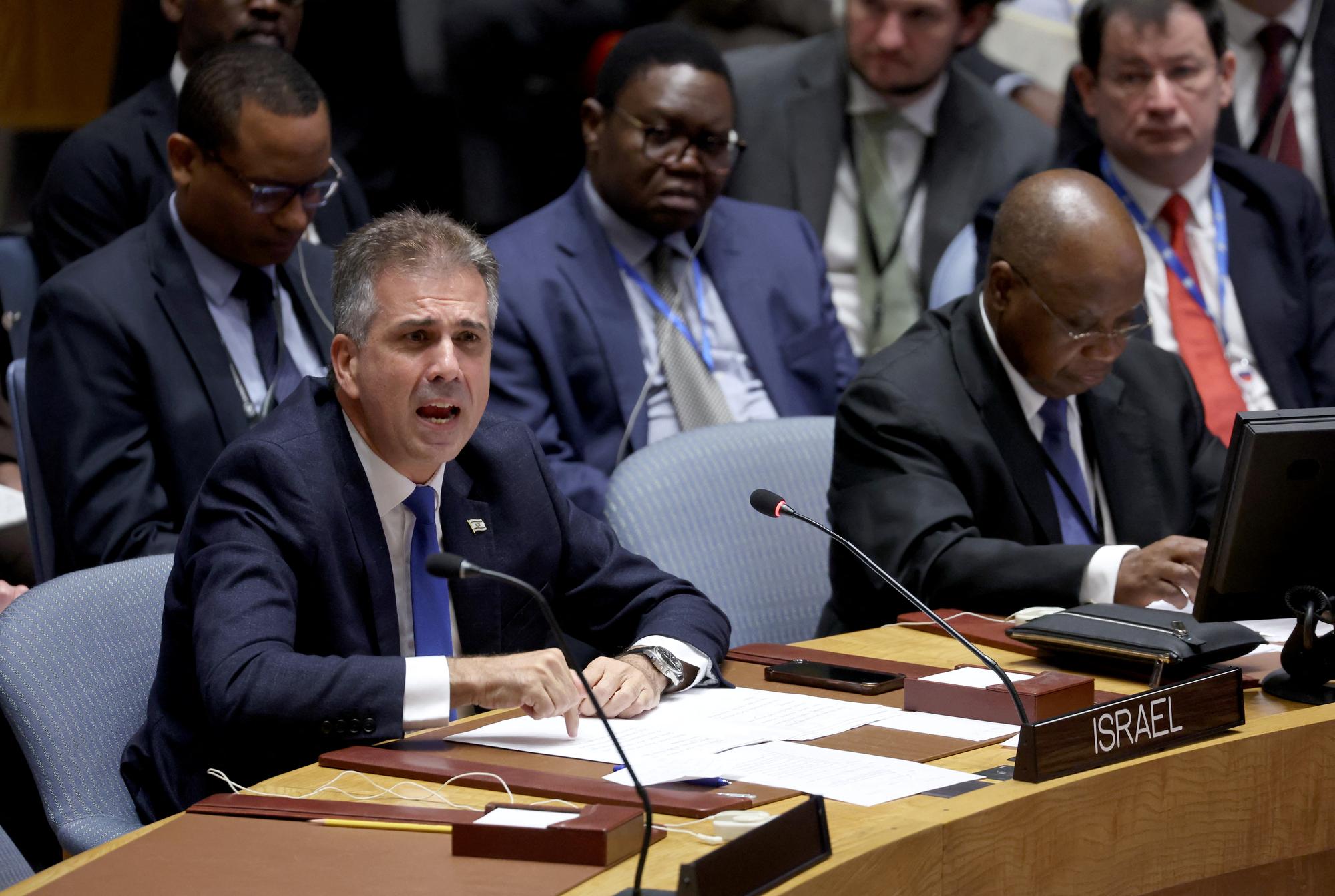 Le ministre israélien des Affaires étrangères Eli Cohen lors d'une réunion sur le conflit entre Israël et le Hamas au siège de l'ONU à New York, le 24 octobre 2023. [reuters - Shannon Stapleton]