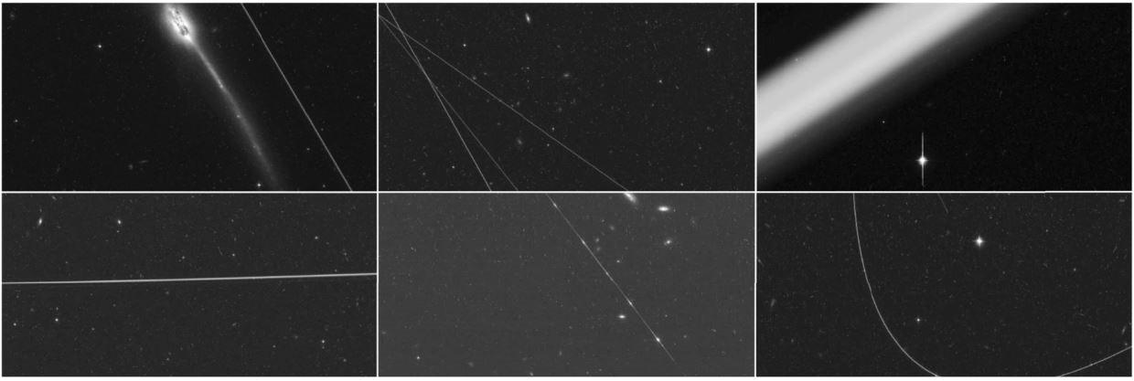 Des exemples de traînées de satellites sur des images prises par Hubble avec un temps d'intégration typique de 11 minutes. [NASA/ESA - Sandor Kruk & al./Nature Astronomy]