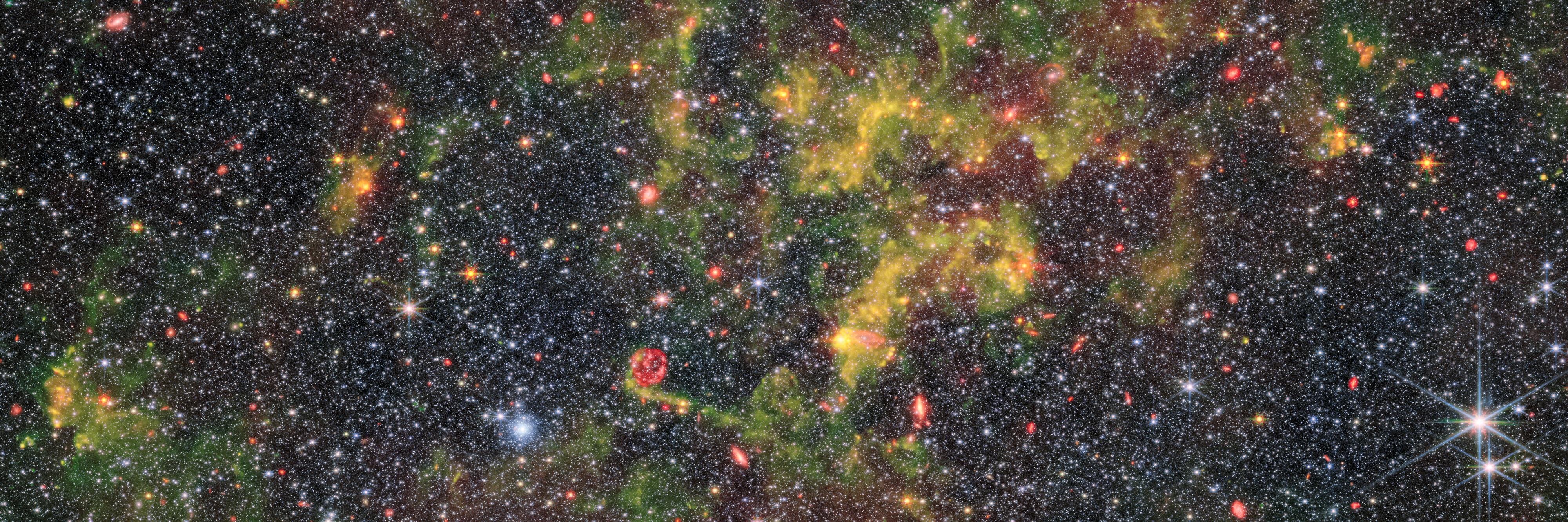 Une vue de la galaxie irrégulière NGC 6822 prise par les instruments NIRCam et MIRI du James Webb Space Telescope. Image publiée le 31 juillet 2023. [ESA/Webb, NASA & CSA, M. Meixner - ESA/Webb, NASA & CSA, M. Meixner]