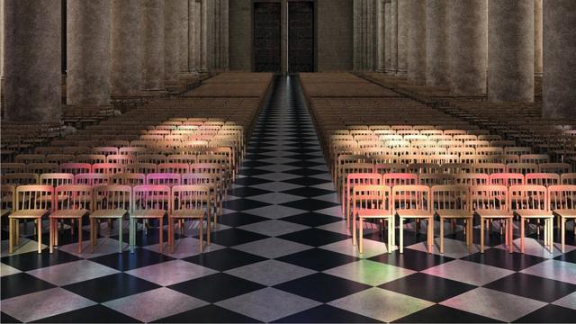 Mise en situation du projet de chaises de Ionna Vautrin dans la cathédrale Notre-Dame de Paris. [Ionna Vautrin]