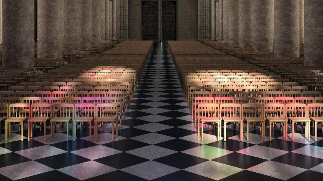 Mise en situation du projet de chaises de Ionna Vautrin dans la cathédrale Notre-Dame de Paris. [Ionna Vautrin]