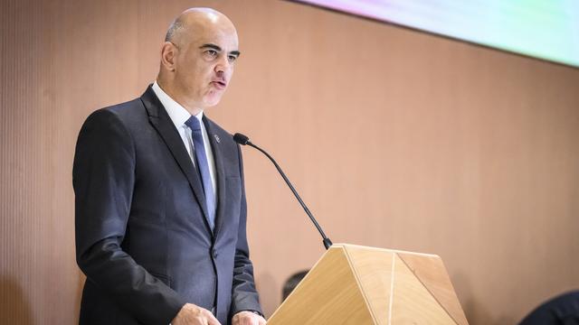 Alain Berset préside mardi une session spéciale du Conseil de sécurité de l'ONU sur la défense les civils lors des conflits. [Keystone - Gabriel Monnet]