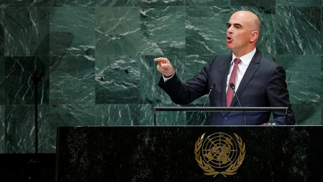 Alain Berset devant l'Assemblée générale de l'ONU le 25 septembre 2018. [Reuters - Eduardo Munoz]