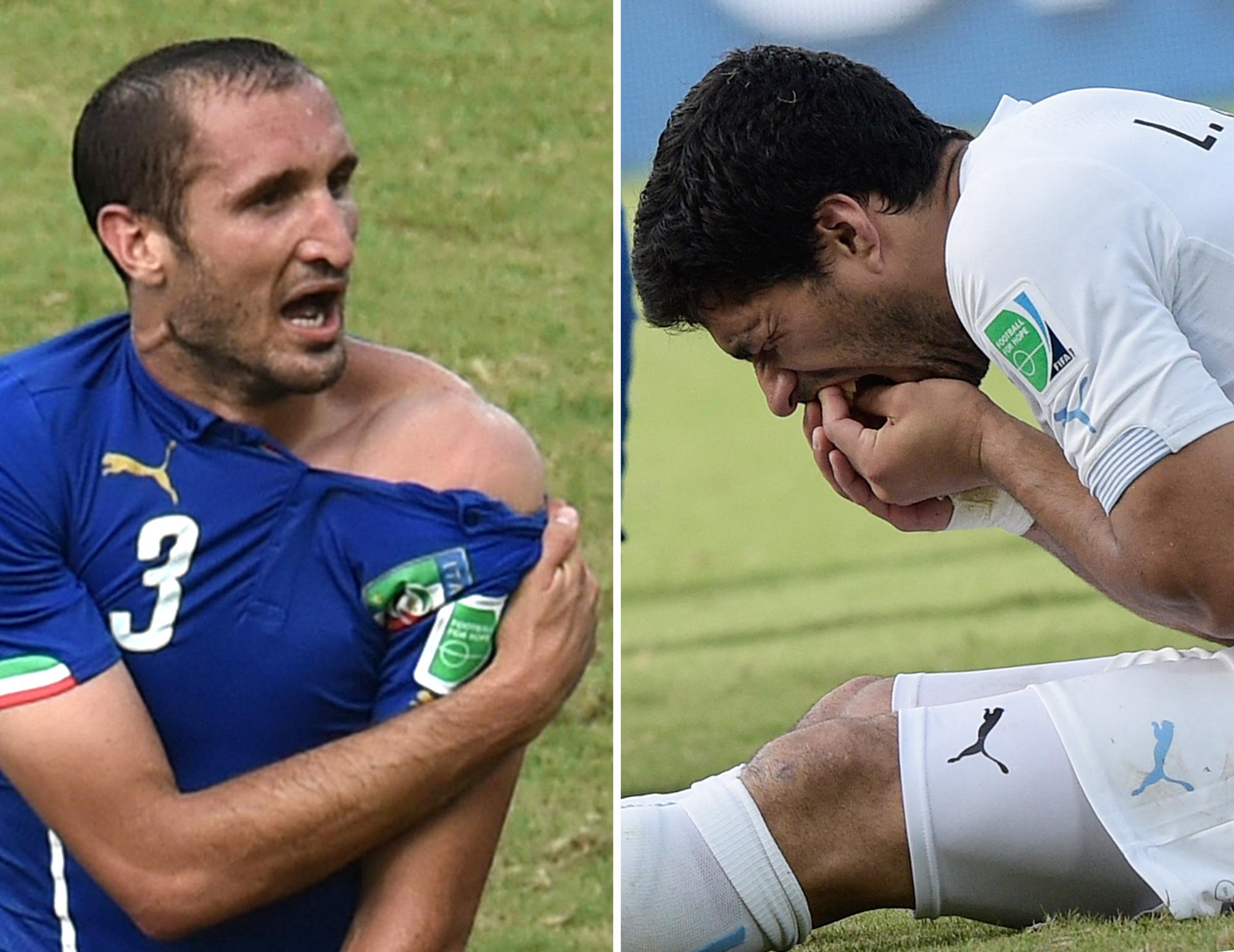 Giorgio Chiellini (gauche) avait été victime d'une morsure de Luis Suarez (droite), coutumier du fait, en plein match de Coupe du monde, lors de l'édition 2014 au Brésil. [Daniel Garcia]