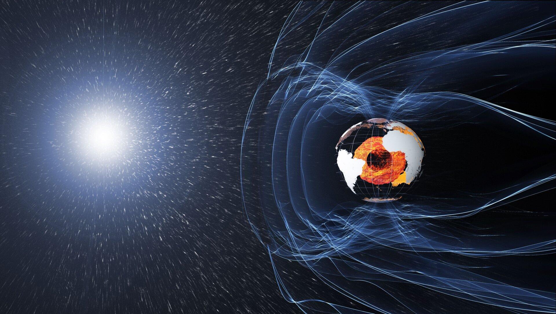 Le champ magnétique et les courants électriques dans et autour de la Terre génèrent des forces complexes qui ont un impact incommensurable sur la vie quotidienne. Ce champ peut être vu comme une énorme bulle protégeant la planète du rayonnement cosmique et des particules chargées qui la bombardent grâce aux vents solaires. [Swarm/ESA - ATG medialab]
