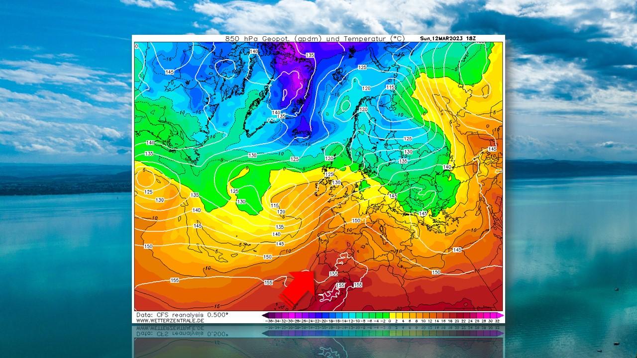 Températures à 850 hPa (1500m) et pressions au sol le 12 mars 2023 [NCEP/Wetterzentrale.de - Fabien Gehret]