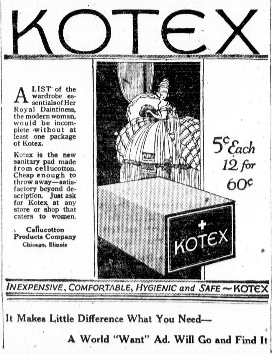 Une publicité pour la marque de serviettes hygiéniques Kotex dans le magazine new-yorkais "The Evening World" du 30 novembre 1920. [Library of Congress / Wikimedia Commons]