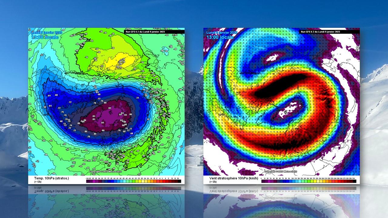 Températures dans la stratosphère (10 hPa) et force des vents le 9 janvier 2023. [NOAA/GFS/meteociel.fr - Martine Dietrich]