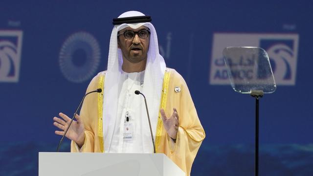 Le ministre d'État émirati et le PDG de l'entreprise publique Abu Dhabi National Oil Co. (ADNOC) Sultan Ahmed al-Jaber s'exprime lors de l'Abu Dhabi International Petroleum Exhibition & Conference, à Abu Dhabi, aux Émirats arabes unis, le 31 octobre 2022. [KEYSTONE - Kamran Jebreili / AP Photo]