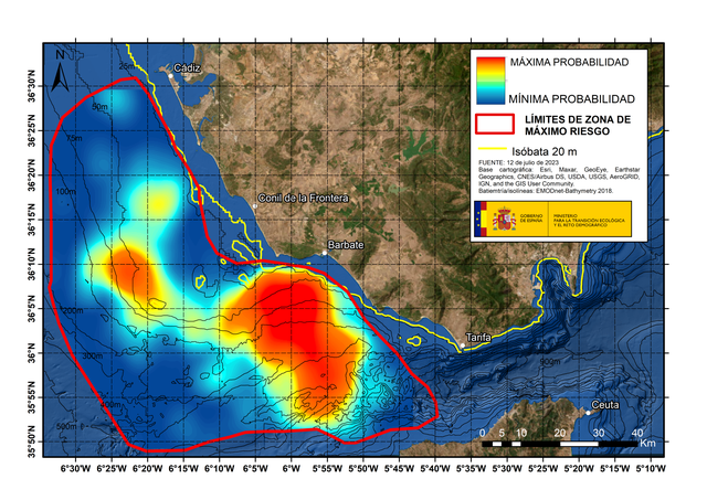 Une carte montrant les zones de danger d'attaques d'orques dans le détroit de Gibraltar. [mitma.gob.es]