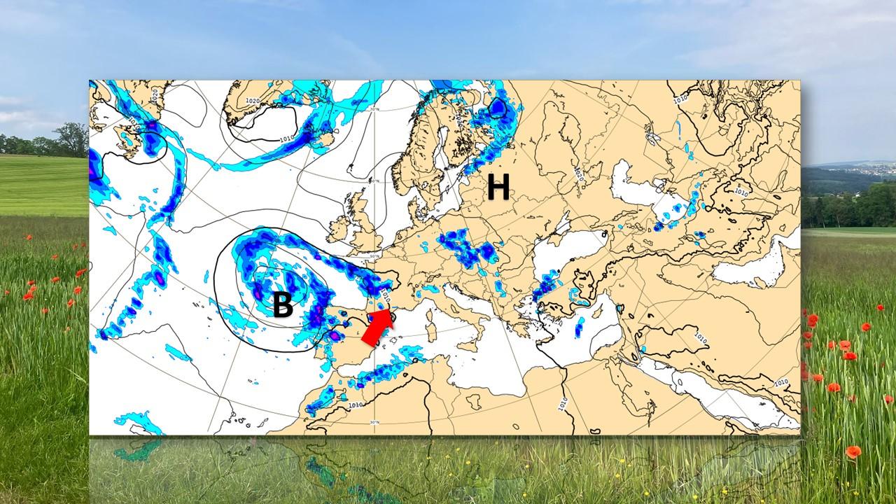 Repartition des pressions au sol et précipitations, prévus par le modèle européen (ECMWF) pour le 9 juin 2023. [ECMWF - Laurent Aubry]