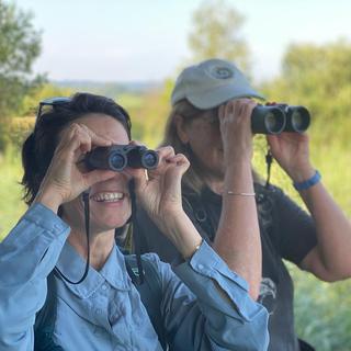 Cécile Guérin et Wendy Strahm, coordinatrice du projet Balbuzards, observent le ciel à la recherche d'aigles "Balbuzards" au-dessus de la Réserve du Fanel. [RTS - Cécile Guérin]