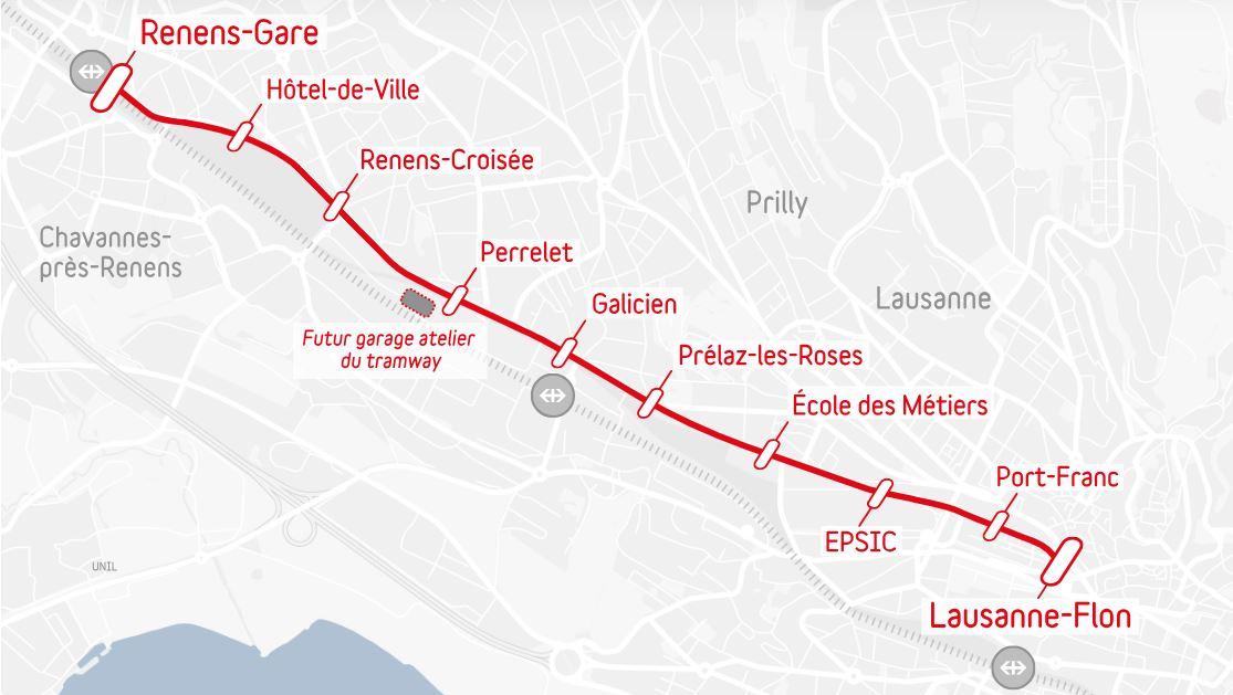 Le plan du tram qui reliera Lausanne à Renens d'ici 2026. [Tramway Lausannois]