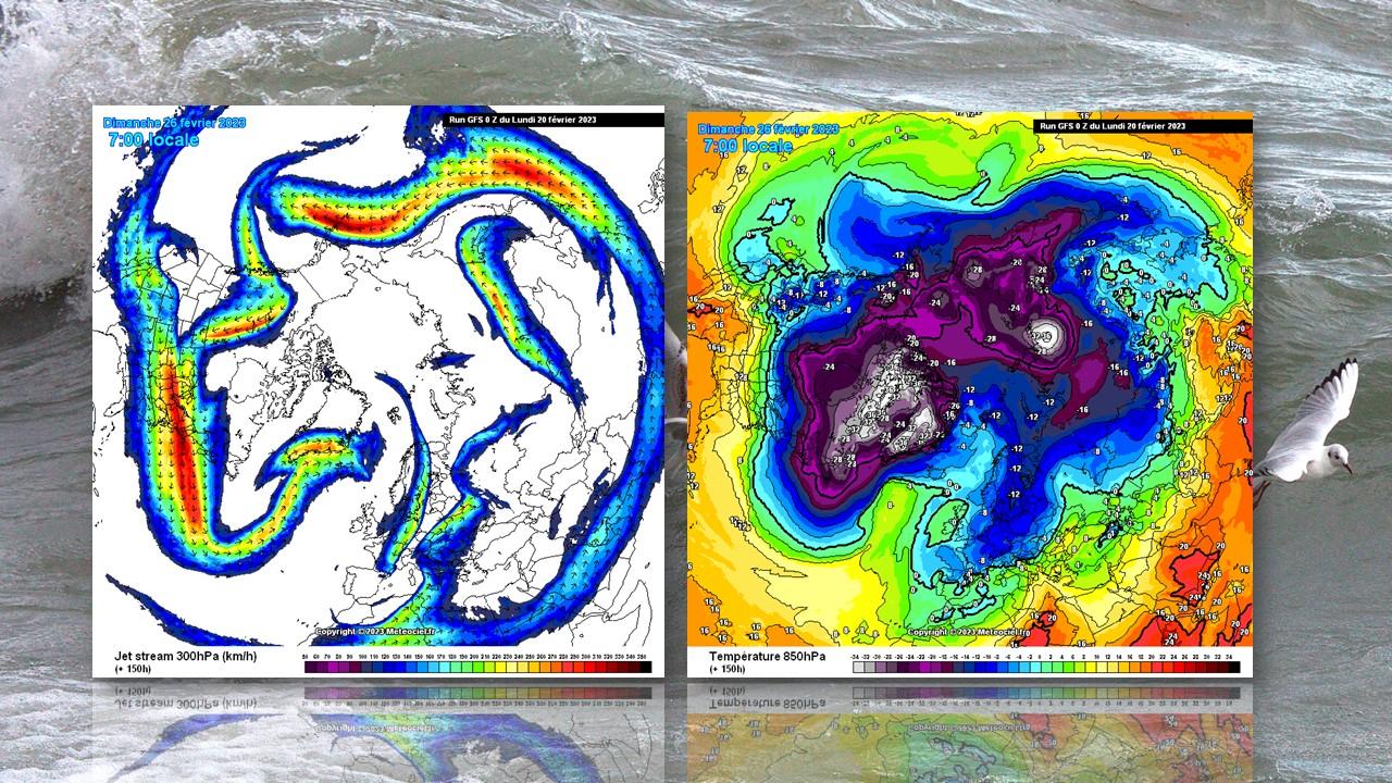 Position du jet stream et températures à 850 hPa (1500 m) prévus par le modèle GFS pour le 26 février 2023 [NOAA/GFS - Marguerite Martinoli]