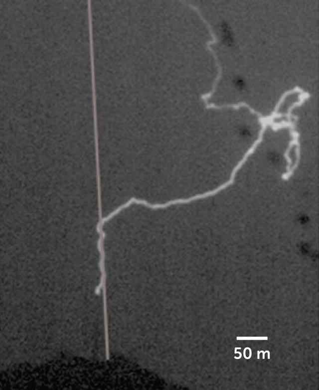 Le 24 juillet 2021, un ciel assez clair a permis à une caméra à grande vitesse de capturer le moment où un laser a courbé la trajectoire d'un éclair entre le ciel et un paratonnerre au sommet d'une tour. La foudre a suivi le trajet de la lumière laser sur une cinquantaine de mètres. [Nature Photonics 2023 - A. Houard & al.]