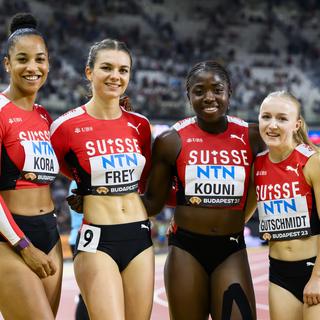 Les sprinteuses Salome Kora, Geraldine Frey, Natacha Kouni et Melissa Gutschmidt ont conconru sur le 4x100m relais aux Championnats du monde de Budapest. [KEYSTONE - Jean-Christophe Bott]