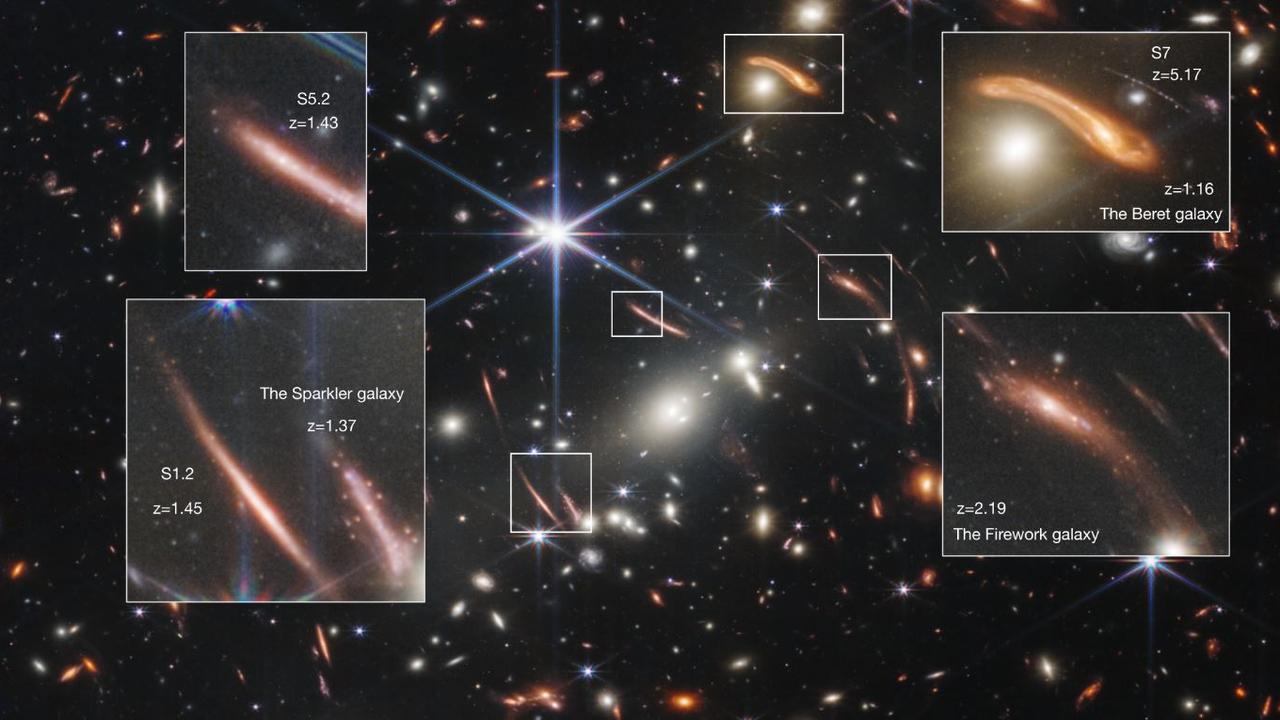 Le télescope spatial James Webb a capturé cette image de l'amas de galaxies SMACS0723. Les galaxies zoomées sont si éloignées que nous les observons telles qu'elles étaient lorsque l'Univers avait entre un et cinq milliards d'années. Aujourd'hui l'Univers a 13,7 milliards d'années. [NASA, ESA, CSA - STScI/JWST]
