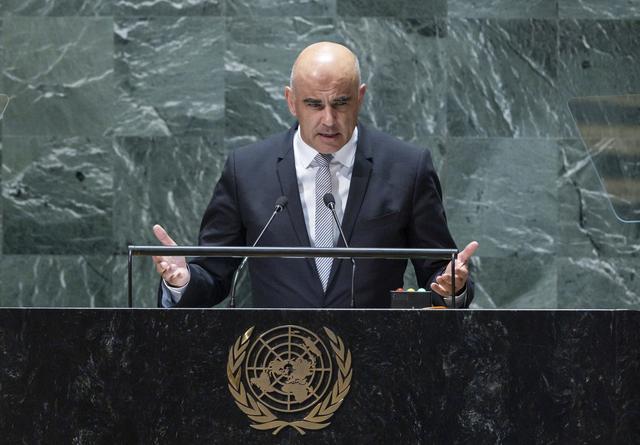 Alain Berset s'adresse à la 78e session de l'Assemblée générale des Nations Unies, à New York. [Keystone - JUSTIN LANE]