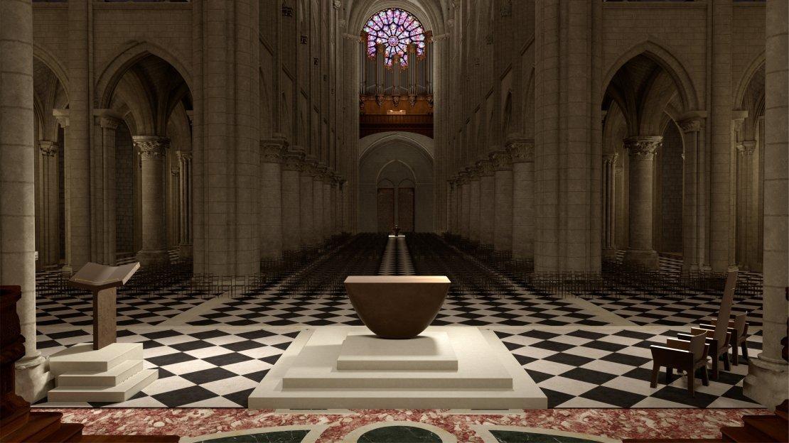 Mise en situation du projet de mobilier liturgique de Guillaume Bardet dans la cathédrale Notre-Dame de Paris. [Guillaume Bardet]