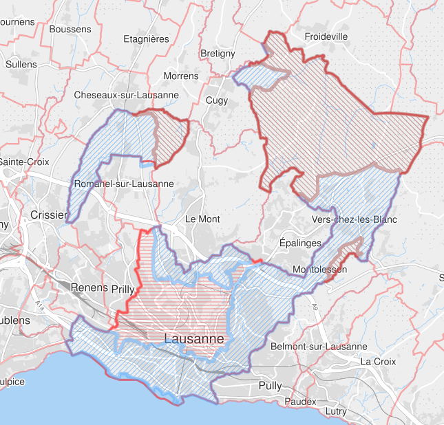 Dans les zones en rouge, le réseau d'évacuation est unitaire; dans celles en bleu, il est séparatif. [Source: Service cartographique de la Ville de Lausanne]