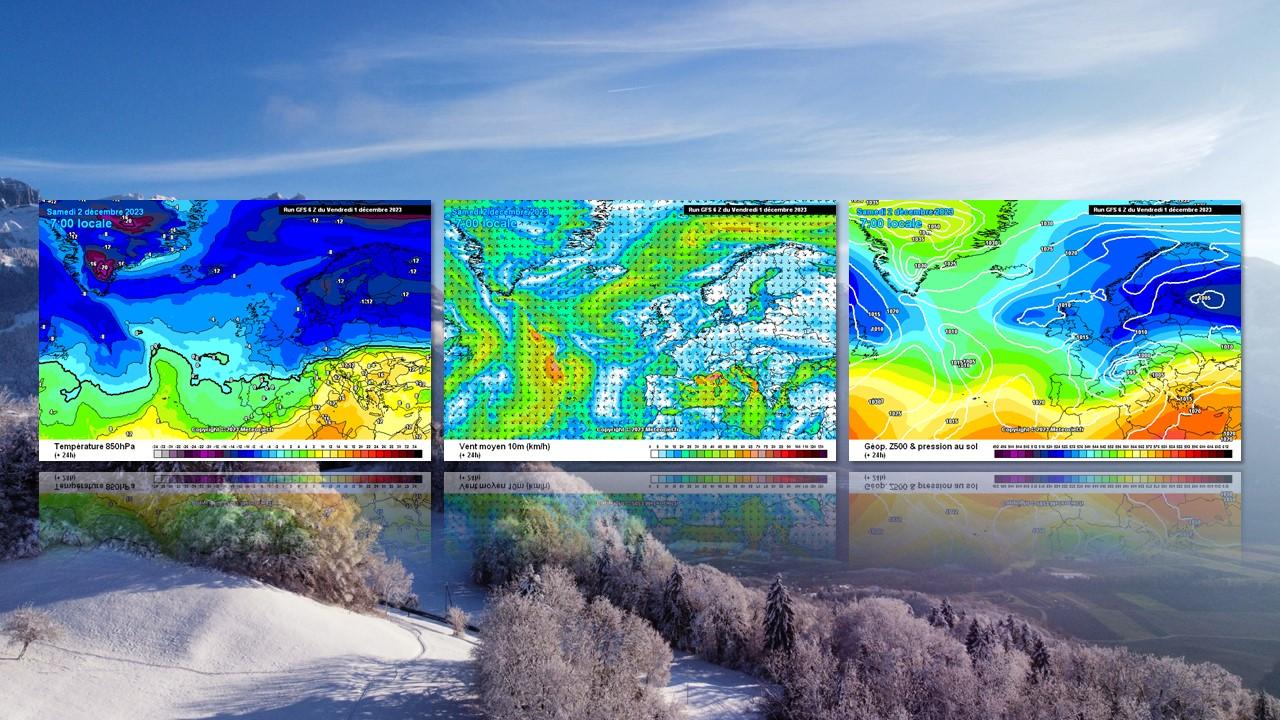 Températures à 1500m (à gauche), vents au sol (au centre) et répartition des pressions (à droite) le 2 décembre 2023. [RTS - Yohhann Moraji]