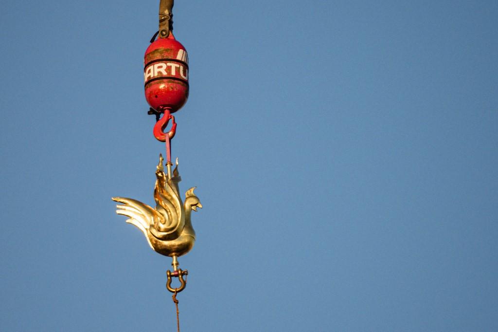 Le coq a été hissé au sommet de la cathédrale Notre-Dame à l'aide d'une grue. [AFP - Carine Schmitt/Hans Lucas]