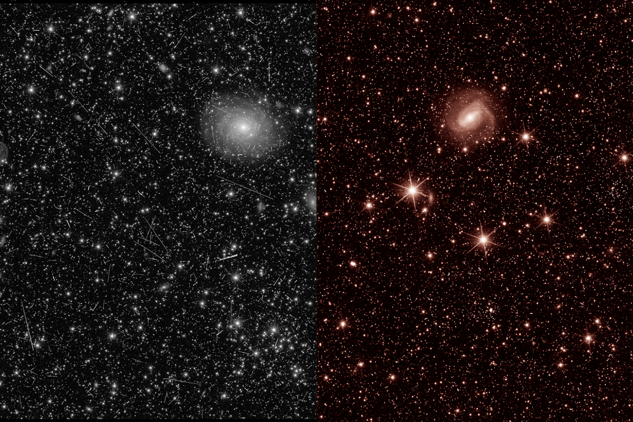 A gauche, un détail pris par l'instrument VIS; à droite, une vue dans l'infrarouge proche prise par l'instrument NISP. Images de test de mise en service anticipée du satellite Euclid, dévoilées le 31 juillet 2023. [ESA]