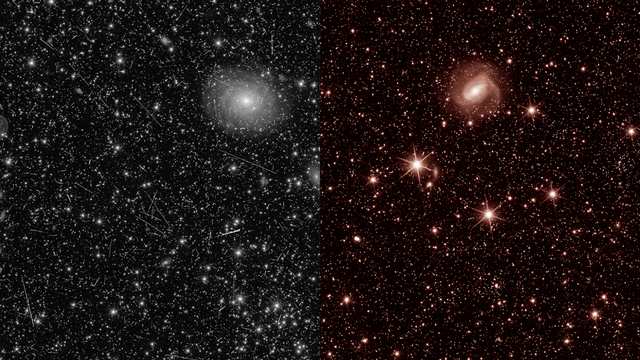 A gauche, un détail pris par l'instrument VIS; à droite, une vue dans l'infrarouge proche prise par l'instrument NISP. Images de test de mise en service anticipée du satellite Euclid, dévoilées le 31 juillet 2023. [ESA]