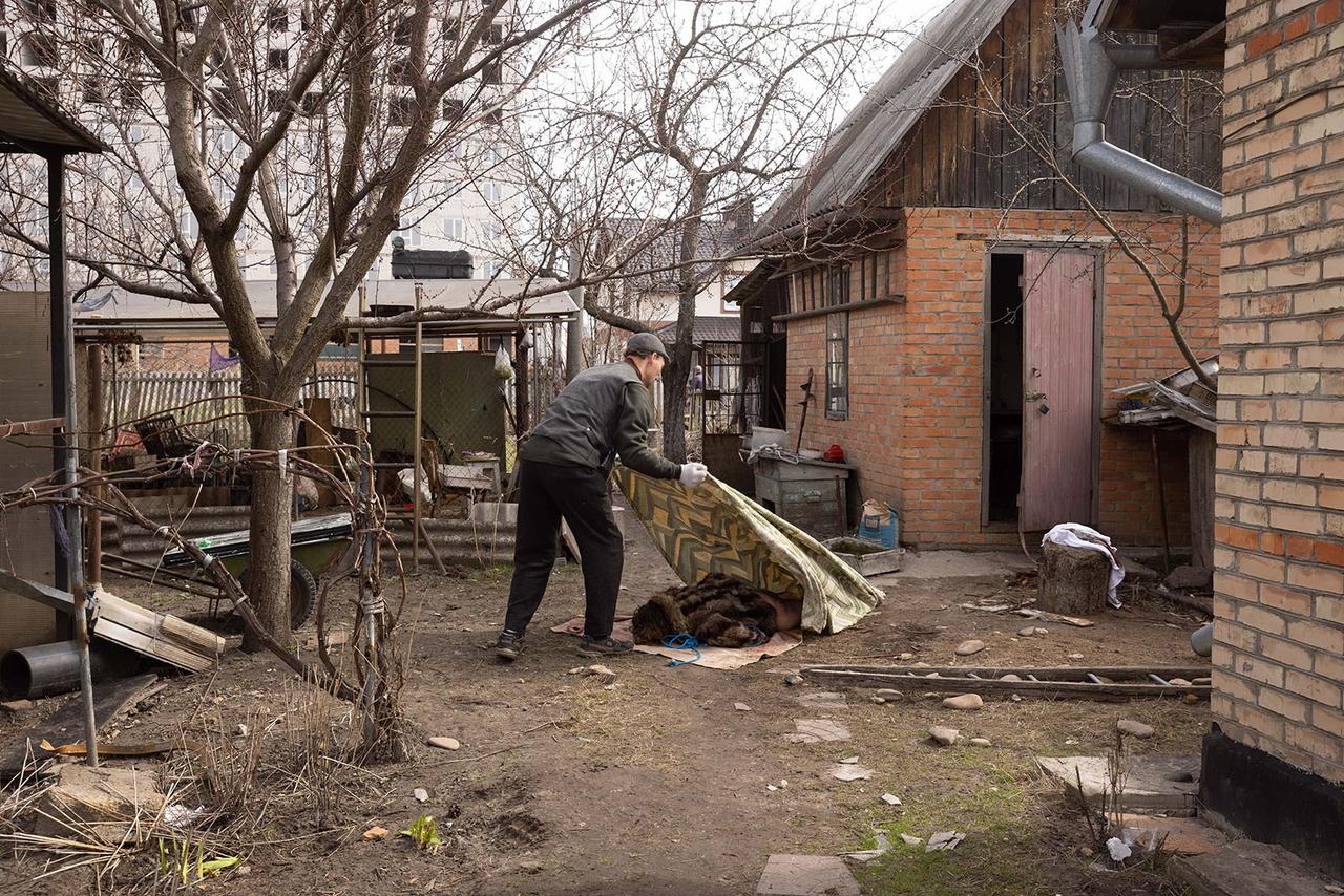 En Ukraine, une personne recouvre d'un drap un corps sur le sol. [Contact Press Images - Matthias Bruggmann]