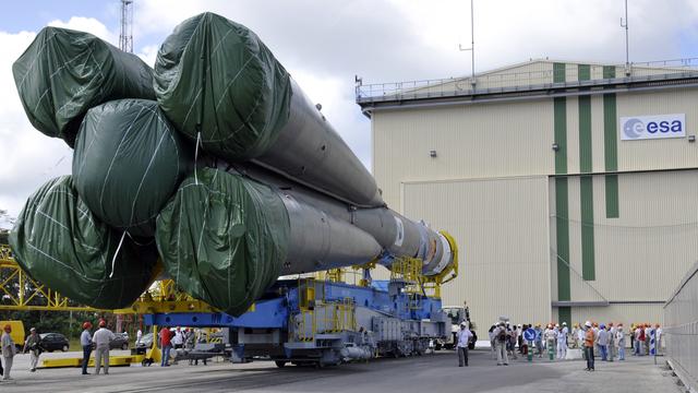 Un Soyouz-ST-B à la base de Kourou, en Guyane française, en avril 2011. [Keystone - AP Photo/Henri Griffit]