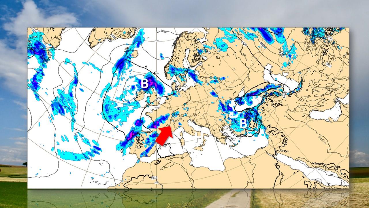 Précipitations et pressions au sol prévues par le modèle européen (ECMWF) le 19 juin 2023 à 12h UTC [RTS/ECMWF - Olivier Roux]