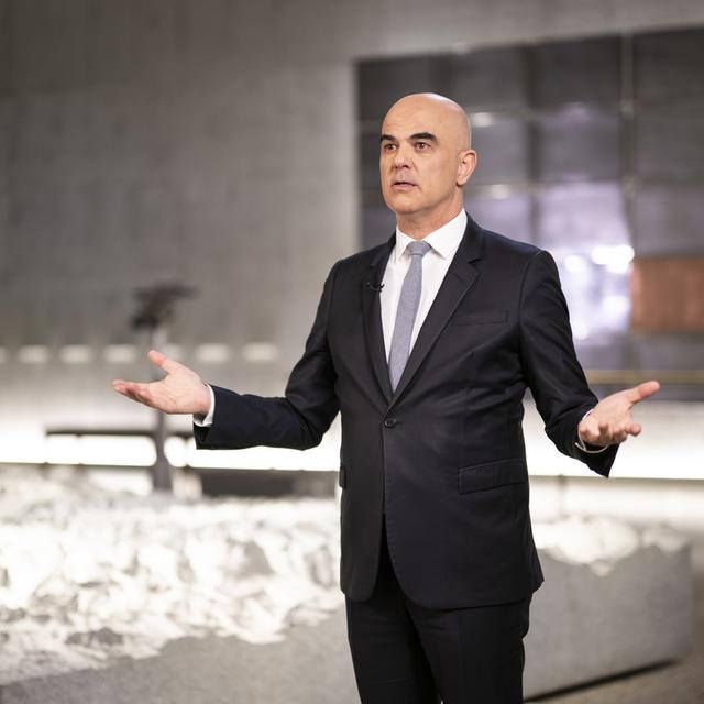 Le président de la Confédération Alain Berset adresse ses voeux à la population depuis le Musée national à Zurich. [Keystone - Ennio Leanza]