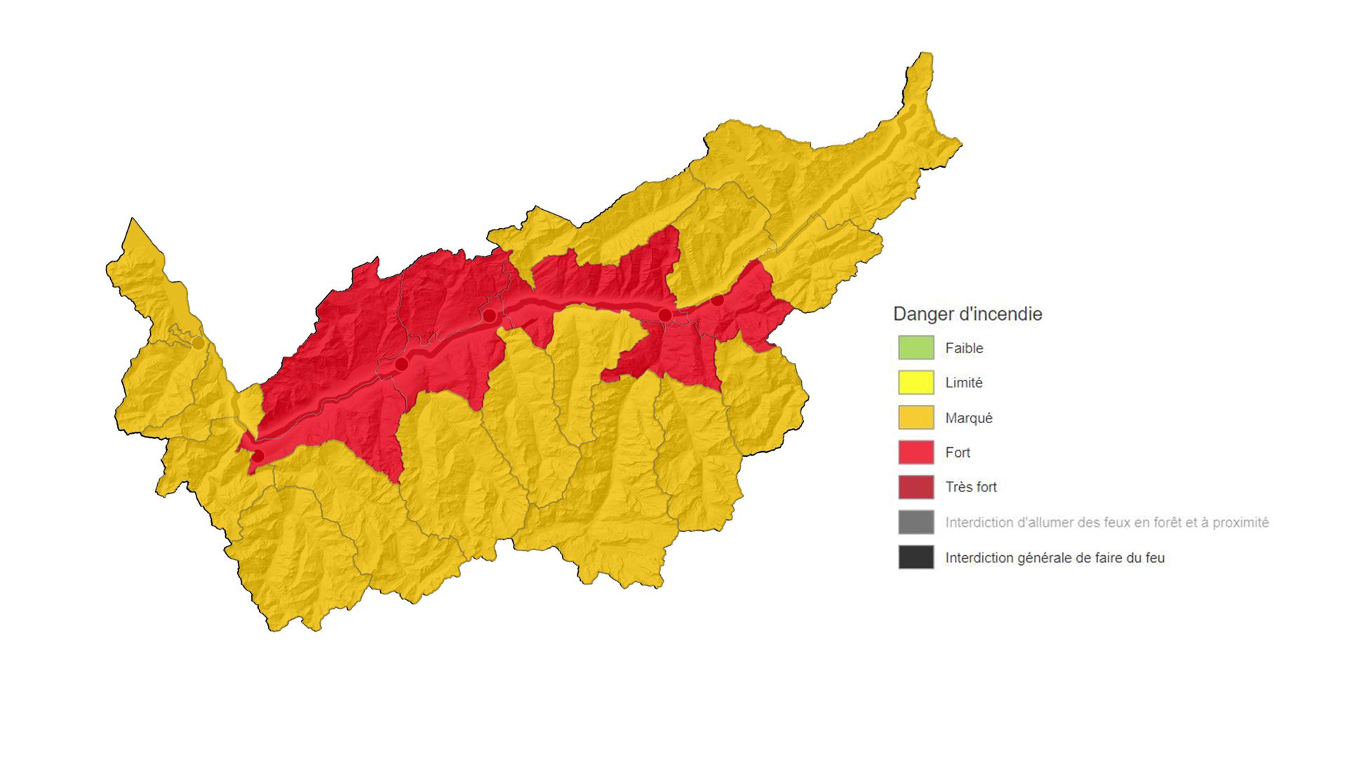 Face au risque d'incendie, le canton du Valais a relevé le niveau de danger de plusieurs districts de "marqué" à "fort" [Canton du Valais]