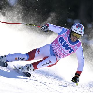Le skieur suisse Marco Odermatt lors de la course masculine du Super G à Wengen, 13 janvier 2022. [Keystone - Jean-Christophe Bott]