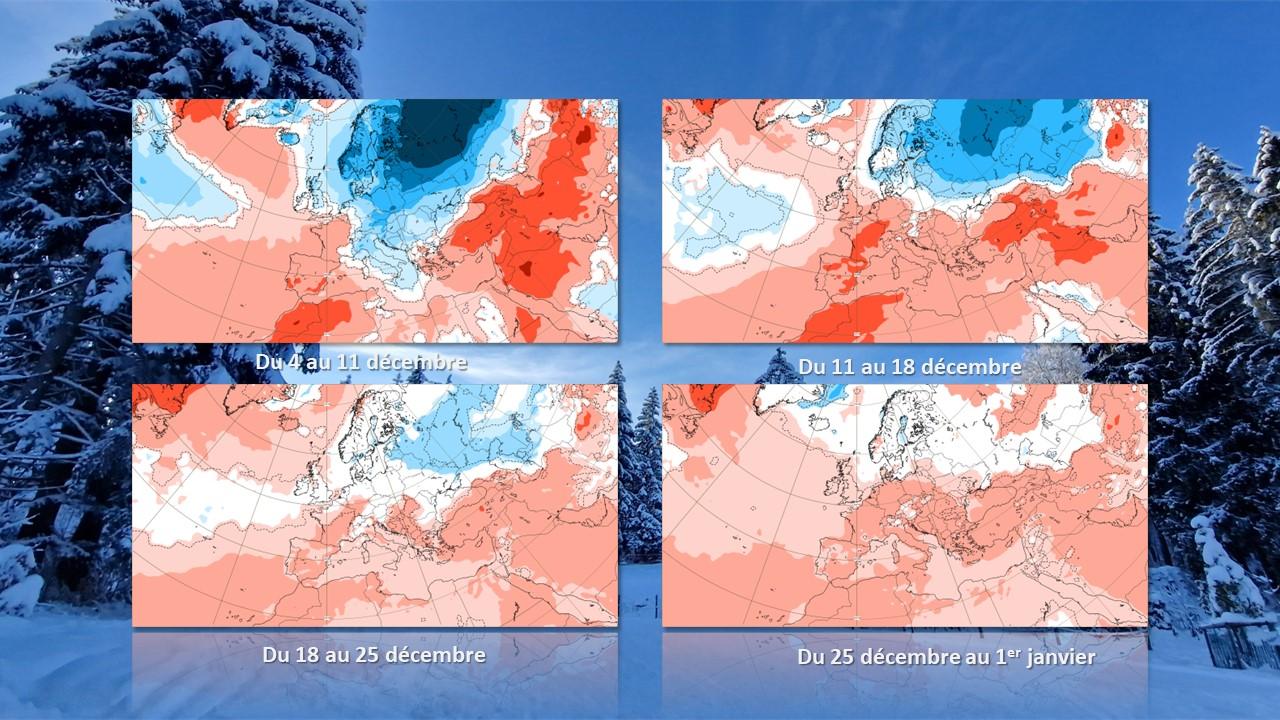 Prévisions hebdomadaire du Centre Européen (ECMWF). Ecarts à la norme entre le 4 décembre 2023 et le 1er janvier 2024. [ECMWF/RTS - Yanick Jordan]