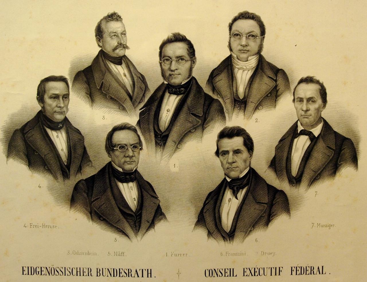 Les premiers conseillers fédéraux: le président Jonas Furrer (1), Henri Druey (2), Ulrich Ochsenbein (3), Friedrich-Frey Herose (4), Wilhelm Mathias Naeff (5), Stefano Franscini (6) und Josef Munzinger (7). Tous appartiennent au Parti radical, largement majoritaire aux deux Chambres après les élections d'octobre 1848. [Keystone - STR]